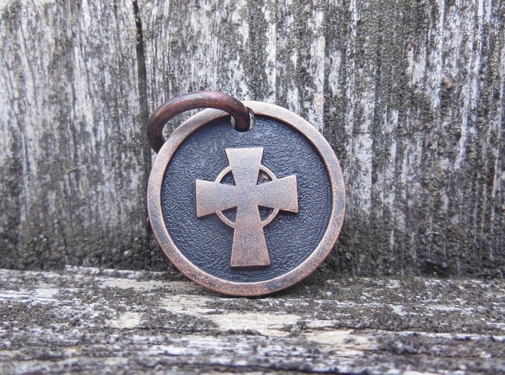 Celtic Cross Pendant 3d printed Bronze with patina and textured background