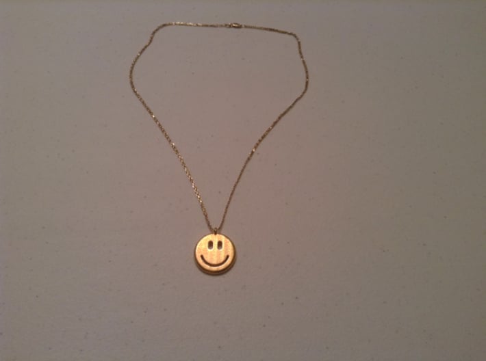 Happy Face Emoticon Charm Smiley 3d printed Full view with 14k gold chain.