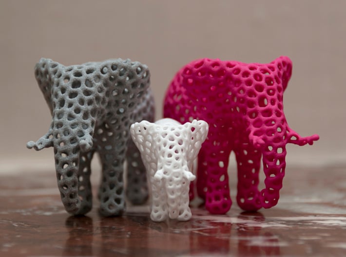 The Osseous Elephant 3d printed The larger elephants shown here in pink and metallic plastic are also available from my shapeways shop