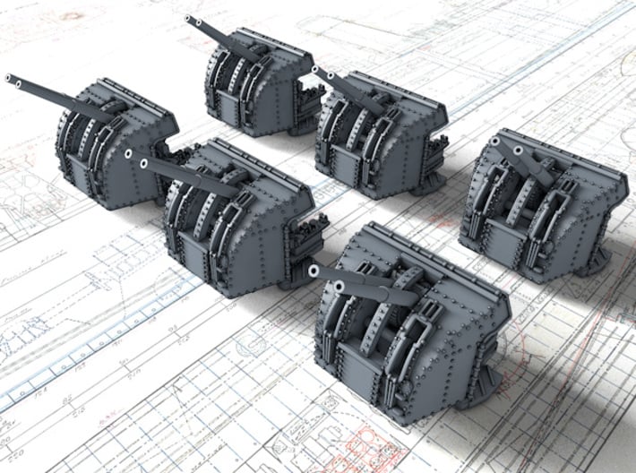 1/700 RN 4"/45 (10.2 cm) QF Mark XVI Guns x6 3d printed 3d render showing adjustable Barrels