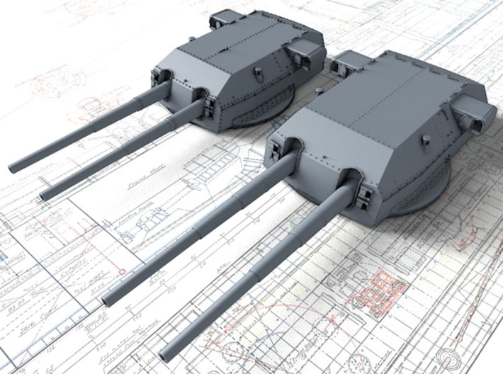 1/200 H Class 40.6cm (16") SK C/34 Guns Blast Bags 3d printed 3D render showing size comparison with 38cm Bismarck Class Turrets