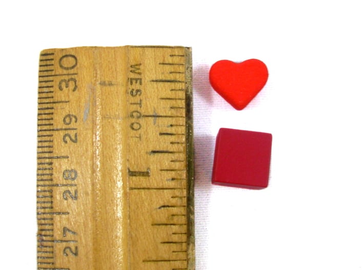 Heart Token, Miniature 3d printed Heart Token next to Ruler and 10mm cube for sizing.