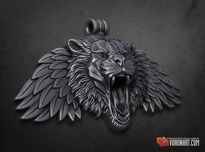 Winged Tiger pendant 3d printed Antique silver. Digital preview. Not a photo