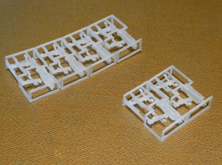 HO KC (Combined K Brake) Air Brake System Kit 3d printed This image shows how our KC brake systems look when delivered.  In front is the "small" size with two sprues; in back is the "large" size with four sprues.  Both sizes are printed in SFDP.