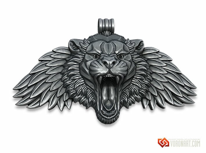 Winged Tiger pendant 3d printed Antique silver. Digital preview. Not a photo