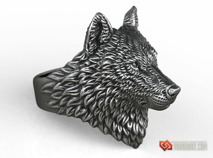 Proud Wolf animal head ring jewelry 3d printed Antique silver. Digital preview. Not a photo