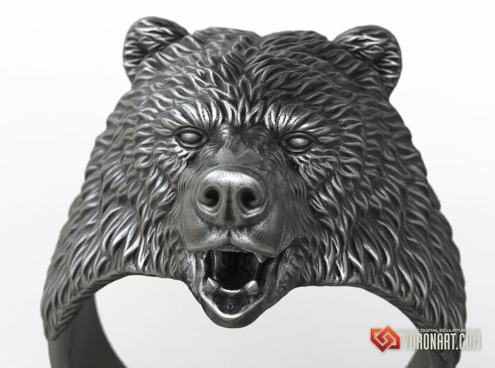 Brown Bear ring jewelry 3d printed Antique silver. Digital preview. Not a photo