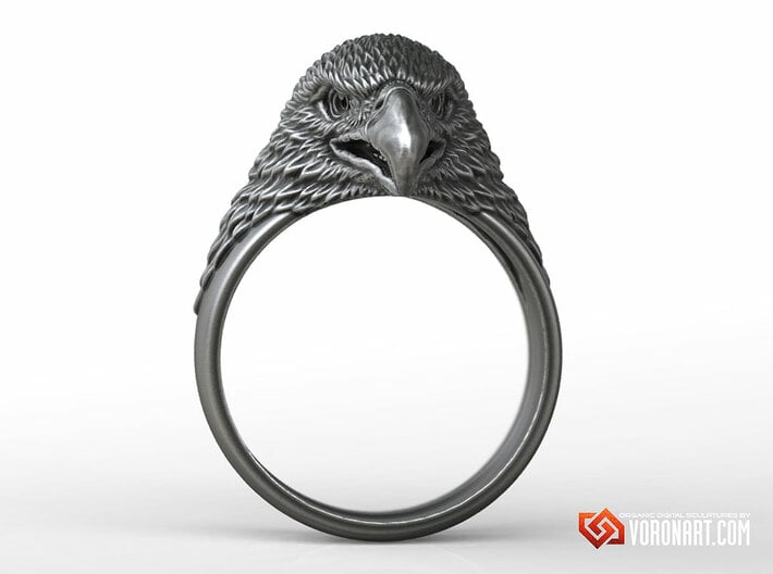 Eagle head ring bird jewelry 3d printed Antique silver. Digital preview. Not a photo