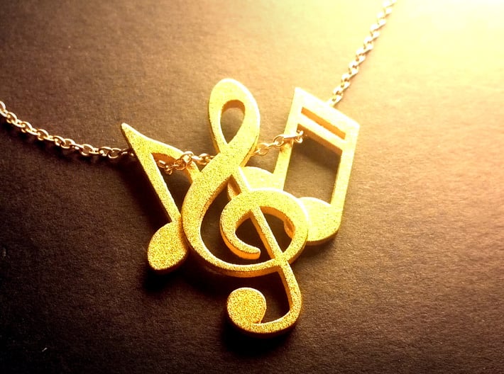 Music Necklace 3d printed Music Note Charm with gold chain (not included) threaded through eighth note and double sixteenth note