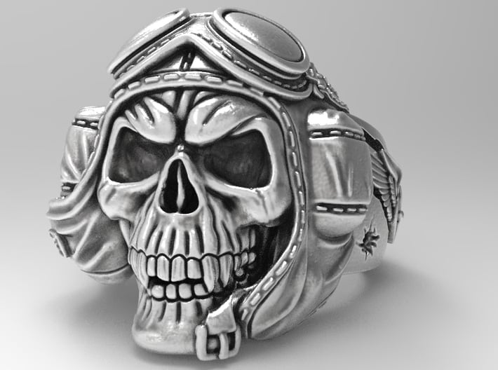 &quot;Crazy Pilot&quot; bikers skull ring size 12 3d printed