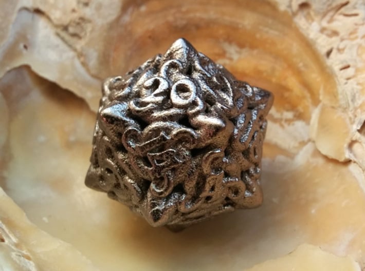 Cthulhu D20  3d printed Polished Nickel Steel as it arrived from Shapeways