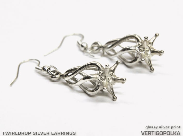 Twirldrop3 Silver Earrings 3d printed 
