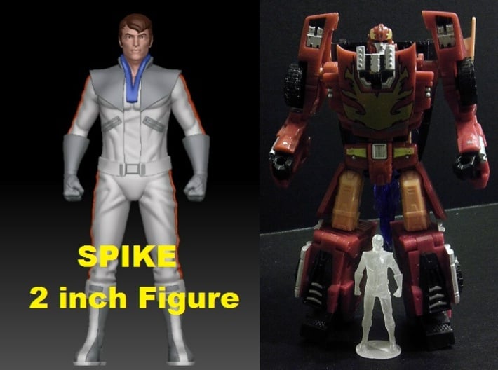 Spike homage Space Man 2inch Transformers Mini-fig 3d printed Size comparison of 2 inch Spike printed in clear Frosted Ultra Detail with Generations Deluxe Class Hotrod/Rodimus. Rodimus/Hotrod figure sold separately. 
