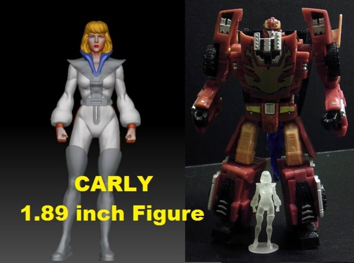 Carly homage Space Woman 1.89inch Transformers Min 3d printed Size Comparison of 1.89 inch Carly printed in Frosted Ultra Detial with a Generations Deluxe Class Hotrod/Rodimus. Hotrod/Rodimus figure sold separately.