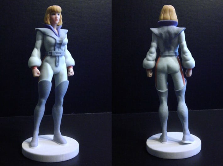 Carly homage Space Woman 6.4inch Full Color Statue 3d printed Quarter and Back view of 6.4 inch Carly figure printed in Full Color Sandstone
