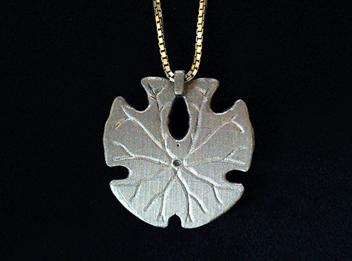 Sand Dollar Pendant 3d printed FUD, painted silver, underside shown with 1mm silver box chain