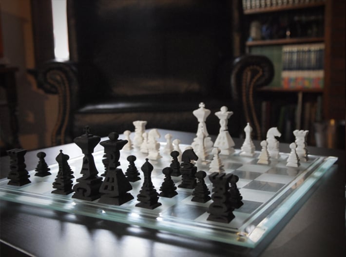 Typographical Chess Set 3d printed Black and White Sets together