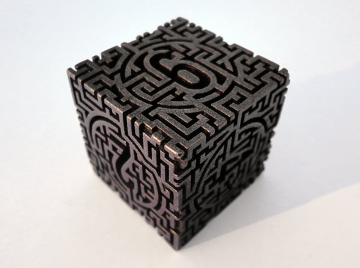 Labyrinthine d6 3d printed In polished bronze steel