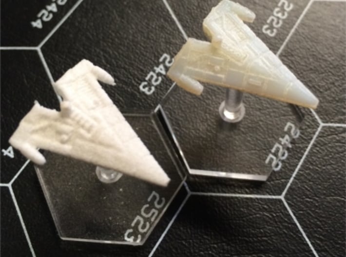 Orion (KON) Corvette 3d printed Comparison of White Strong & Flexible and Transparent Detail with Litko 3/4" flight bases.
