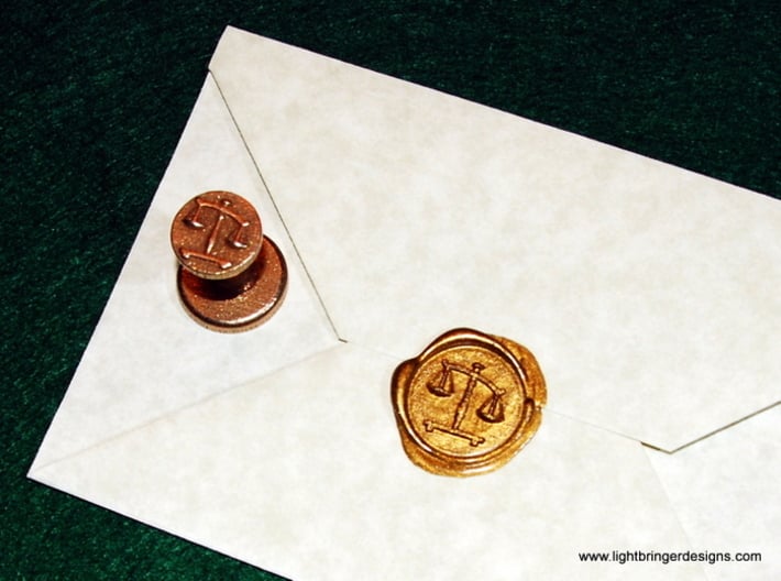 Scales of Justice Seal 3d printed Scales of Justice Wax Seal in Stainless steel with impression in Gold sealing wax