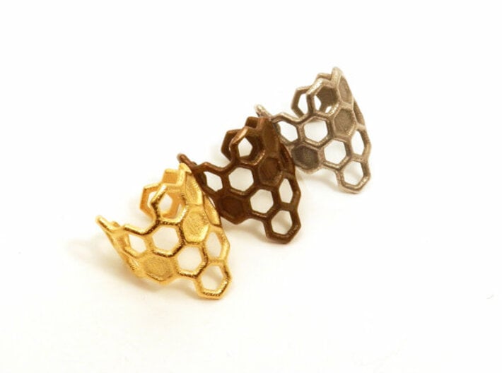 Honeycomb Ring 3d printed Gold plated steel, polished antique bronze plated steel and steel