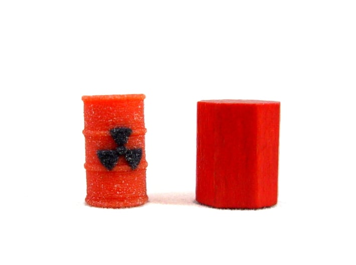 Radioactive Barrel, Red 3d printed Full Color Sandstone. Next to piece from game for sizing.