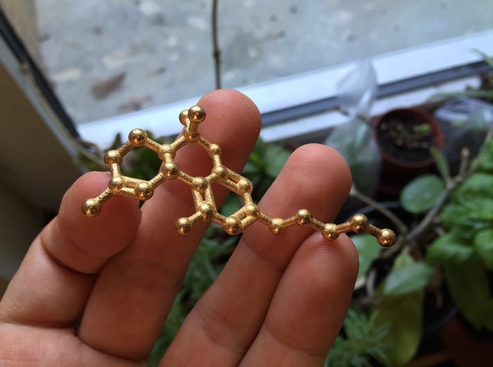 THC Molecule Keychain / Model 3d printed THC (cannabis) molecule necklace / keychain in Polished Gold Steel