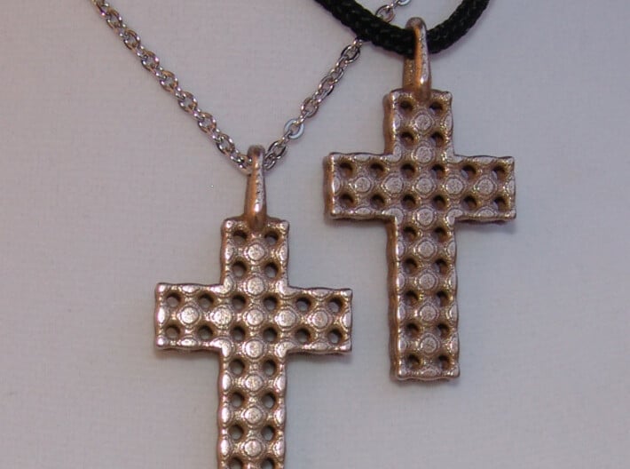 Cross with Depth 3d printed Stainless Steel Cross Pendants - Two Pictured. Actual Photo.