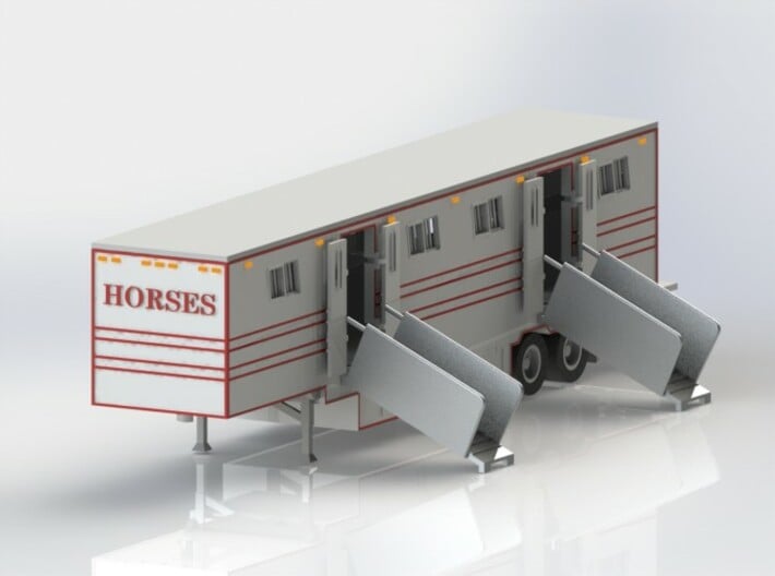 HO 1/87 Horsebox 48' Semi 02 3d printed CAD render. Two ramps are supplied, as well as 8 doors, 8 stall partitions, jockey wheels  & tailgate. The roof is also removeable.