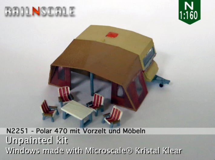 Polar 470 Caravan with tent (N 1:160) 3d printed 