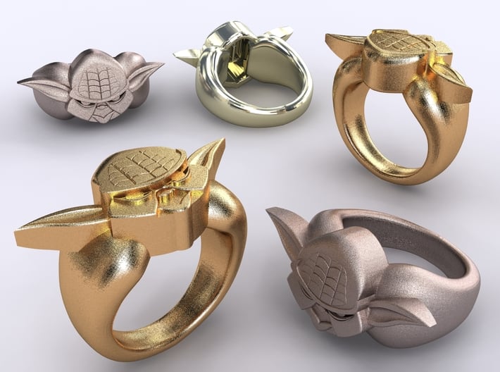 Yoda Ring 3d printed Stainless Steel, Gold Plated Matte & Premium Silver renders