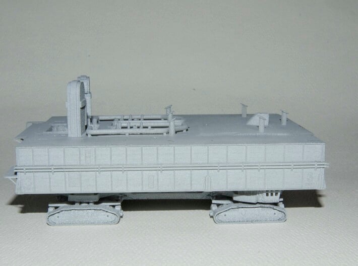 1/400 Shuttle MLP & Crawler, launch pad 3d printed Side elevation showing details of the towers & sound-suppression pipework. The MLP numbers are raised surfaces to make them easier to paint. Primer-grey finish.