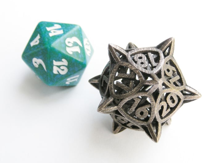 'Center Arc' dice, D20 MTG Spindown Life Counter 3d printed The die in stainless steel compared to a regular spindown d20