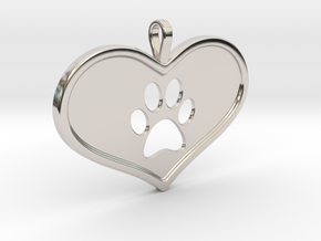 Paw in heart in Rhodium Plated Brass