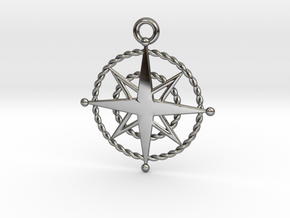 Compass Rose Keychain in Fine Detail Polished Silver