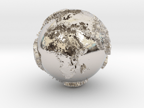 Planet Earth with relief continents highlighting in Rhodium Plated Brass