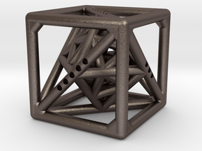 Cube with Tetrahedron, Octahedron and Icosahedron  in Polished Bronzed Silver Steel