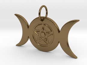 Triple Moon Pentacle Pendant - pie slice bail in Polished Bronze