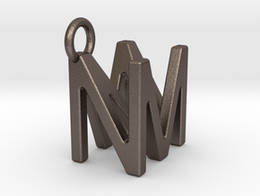 Two way letter pendant - MN NM in Polished Bronzed Silver Steel