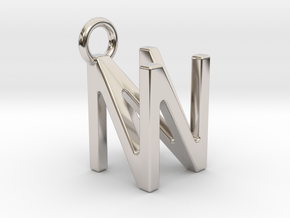 Two way letter pendant - NN N in Rhodium Plated Brass