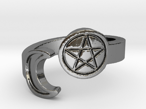 Crescent Moon and Pentacle Ring Size 8.25 in Fine Detail Polished Silver