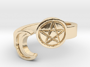 Crescent Moon and Pentacle Ring Size 8.25 in 14k Gold Plated Brass