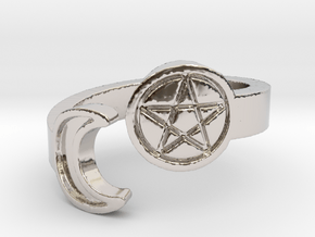 Crescent Moon and Pentacle Ring Size 8.25 in Rhodium Plated Brass