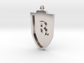 Medieval R Shield Pendant in Rhodium Plated Brass