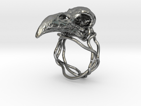 Raven skull ring  in Polished Silver