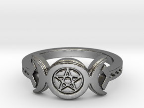 Triple Moon Pentacle Decorated Band Ring Size 8 in Fine Detail Polished Silver