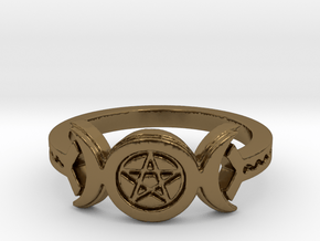 Triple Moon Pentacle Decorated Band Ring Size 8 in Polished Bronze