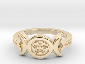 Triple Moon Pentacle Decorated Band Ring Size 8 in 14k Gold Plated Brass