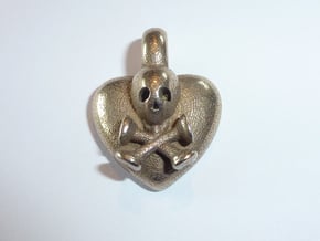 Scull On Heart Pendant in Polished Bronze Steel
