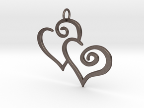 2-Heart Charm Pendant in Polished Bronzed Silver Steel
